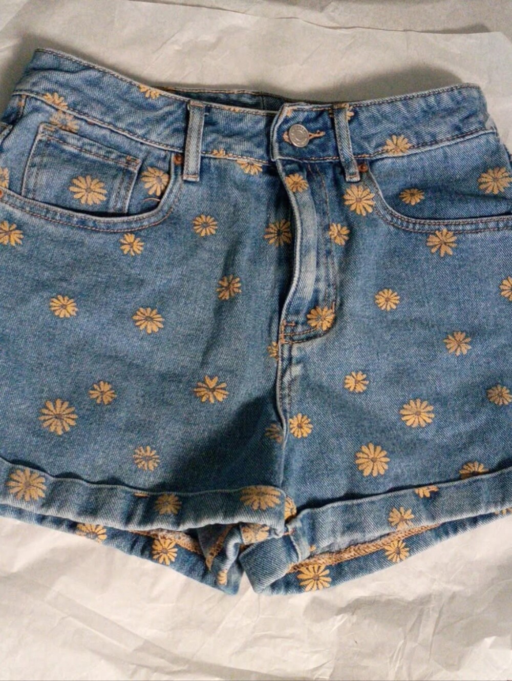 PacSun Blue Denim Shorts with Yellow Daisy Print